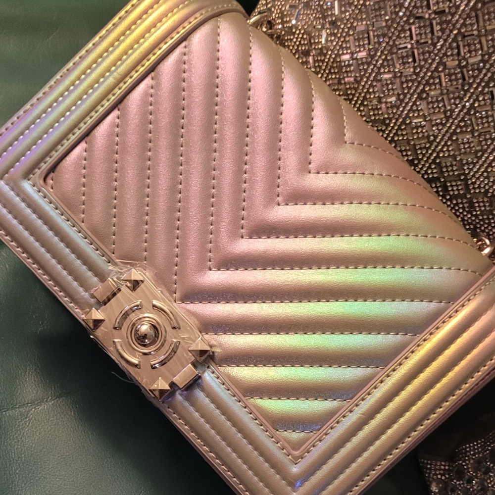 Iridescent Metallic Designer Quilted Shoulder Bag NWT